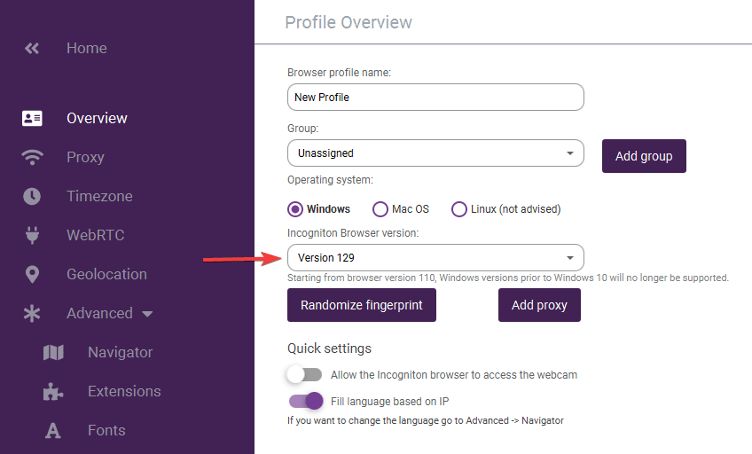 Screenshot of profile settings showing browser version.