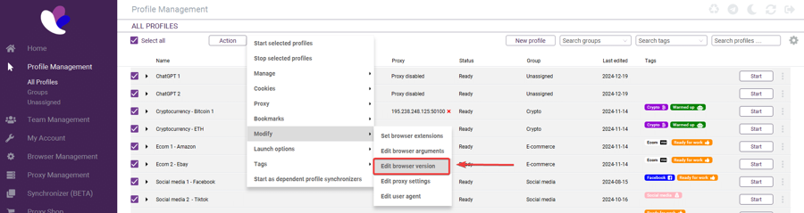 Screenshot showing how to edit browser version in bulk.